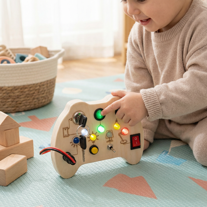Drewniana Tablica Sensoryczna LED z Przełącznikami – Montessori Zabawka Edukacyjna Wspierająca Rozwój Motoryki