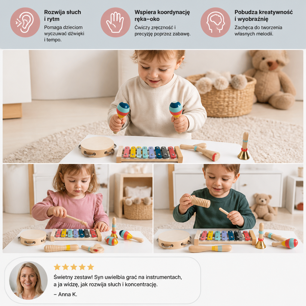 Drewniany zestaw instrumentów muzycznych – Montessori zabawki perkusyjne do nauki rytmu dla dzieci