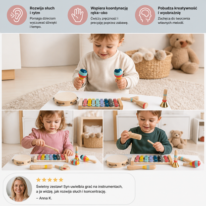 Drewniany zestaw instrumentów muzycznych – Montessori zabawki perkusyjne do nauki rytmu dla dzieci