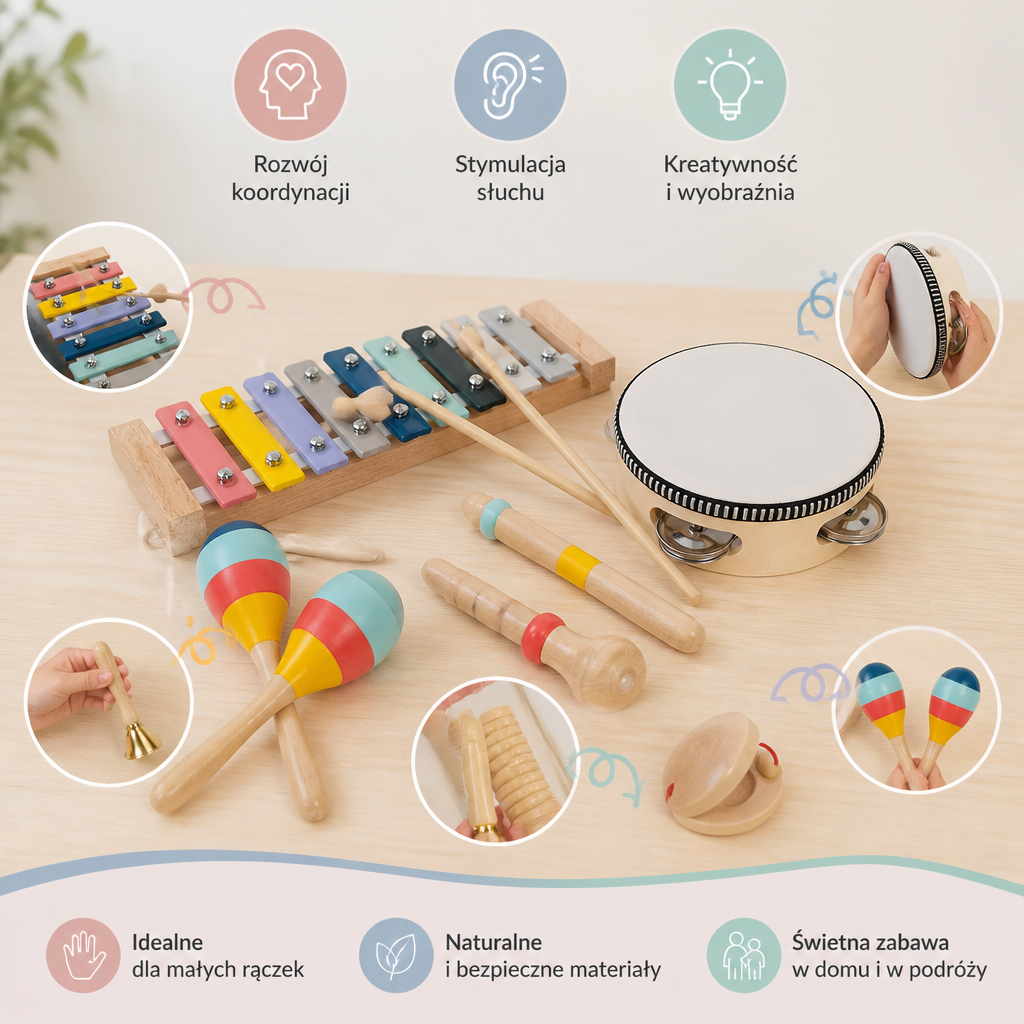 Drewniany zestaw instrumentów muzycznych – Montessori zabawki perkusyjne do nauki rytmu dla dzieci