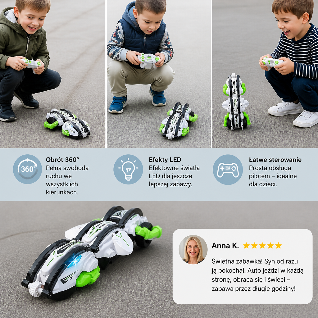 Zdalnie sterowany transformujący samochód kaskaderski 2 w 1 z obrotem 360° i światłami LED