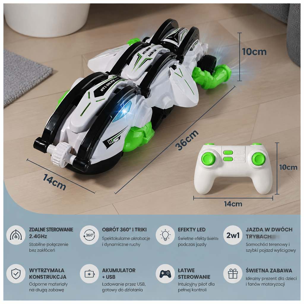 Zdalnie sterowany transformujący samochód kaskaderski 2 w 1 z obrotem 360° i światłami LED