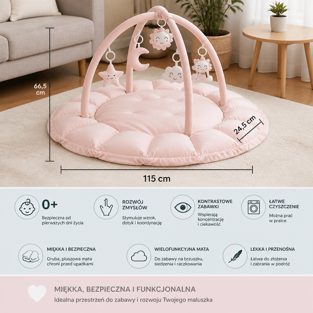 5-in-1 Pluszowa mata edukacyjna dla niemowląt z pałąkiem, miejscem do zabawy i zawieszanymi zabawkami