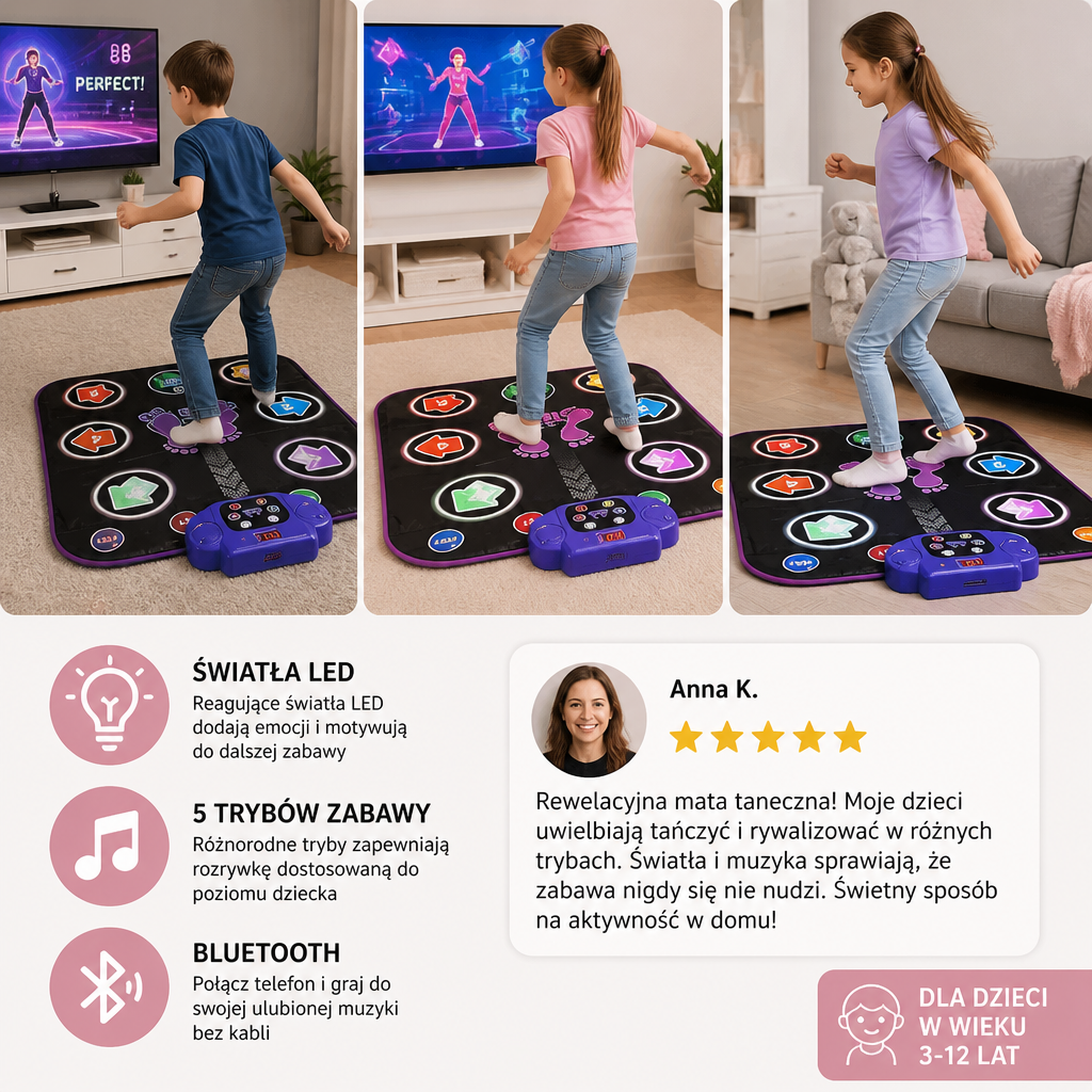 Podświetlana mata taneczna Bluetooth dla dzieci z 5 trybami gry