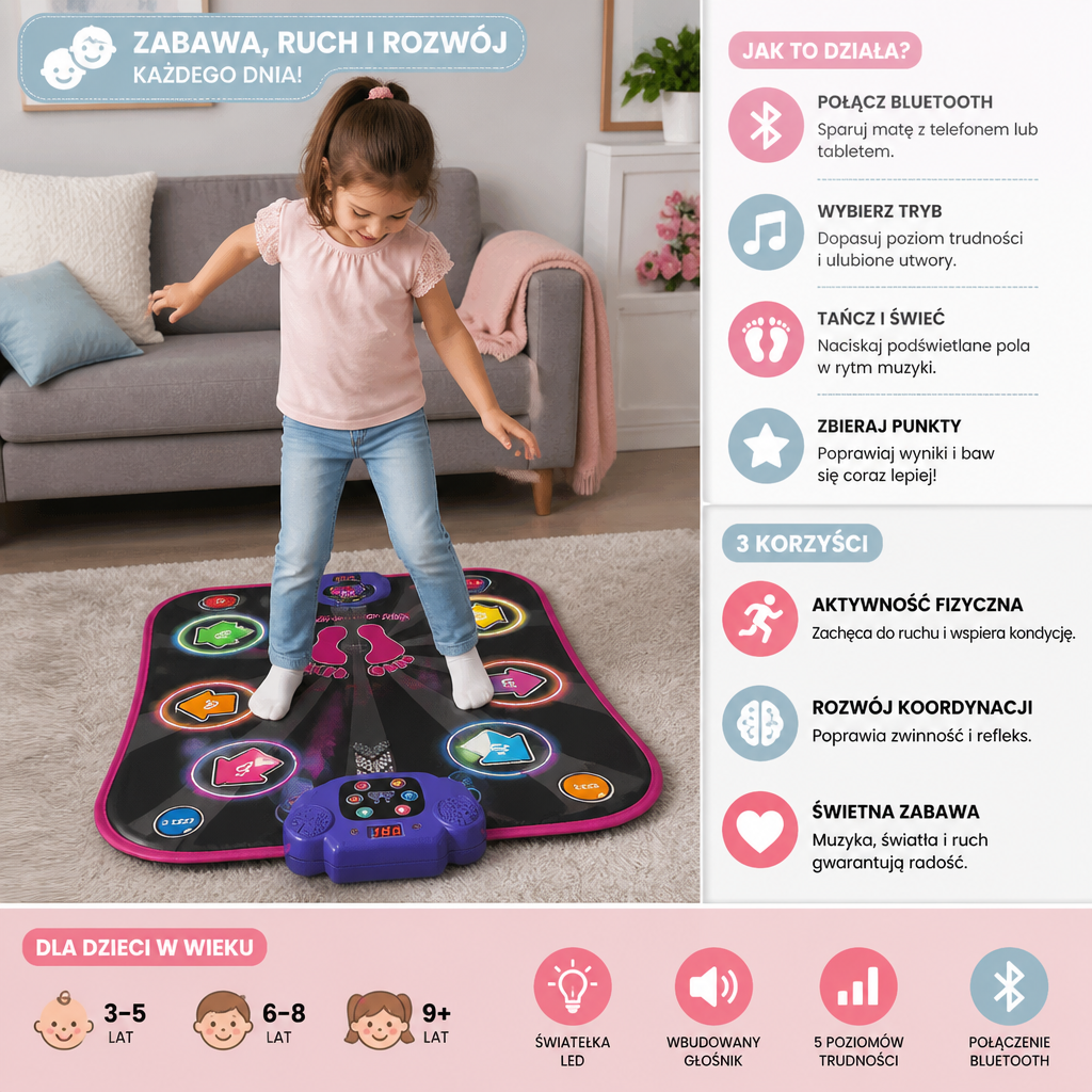 Podświetlana mata taneczna Bluetooth dla dzieci z 5 trybami gry