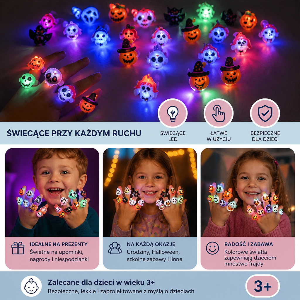50 Sztuk Migających Pierścionków LED na Halloween na Upominki dla Dzieci i do Torebek ze Słodyczami