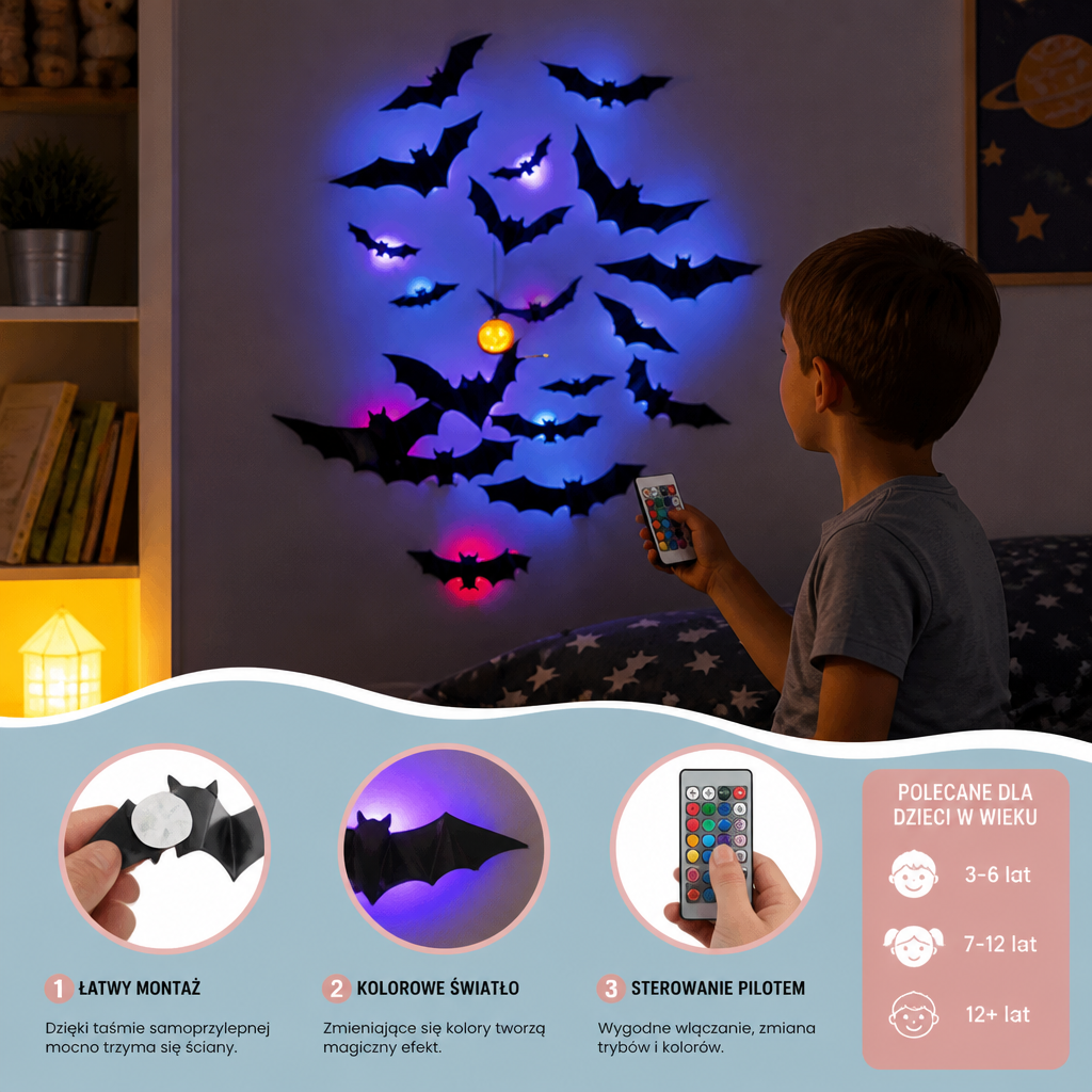 3D-LED-Dekoracja Ścienna w Kształcie Nietoperzy Halloween ze Światłami Zmieniającymi Kolory