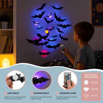 3D-LED-Dekoracja Ścienna w Kształcie Nietoperzy Halloween ze Światłami Zmieniającymi Kolory