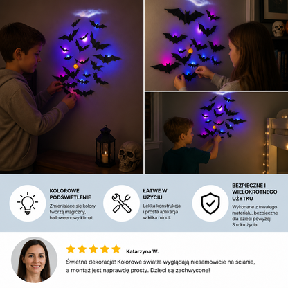 3D-LED-Dekoracja Ścienna w Kształcie Nietoperzy Halloween ze Światłami Zmieniającymi Kolory