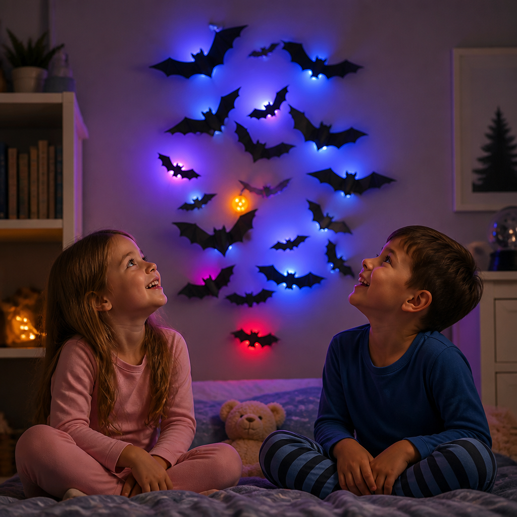3D-LED-Dekoracja Ścienna w Kształcie Nietoperzy Halloween ze Światłami Zmieniającymi Kolory