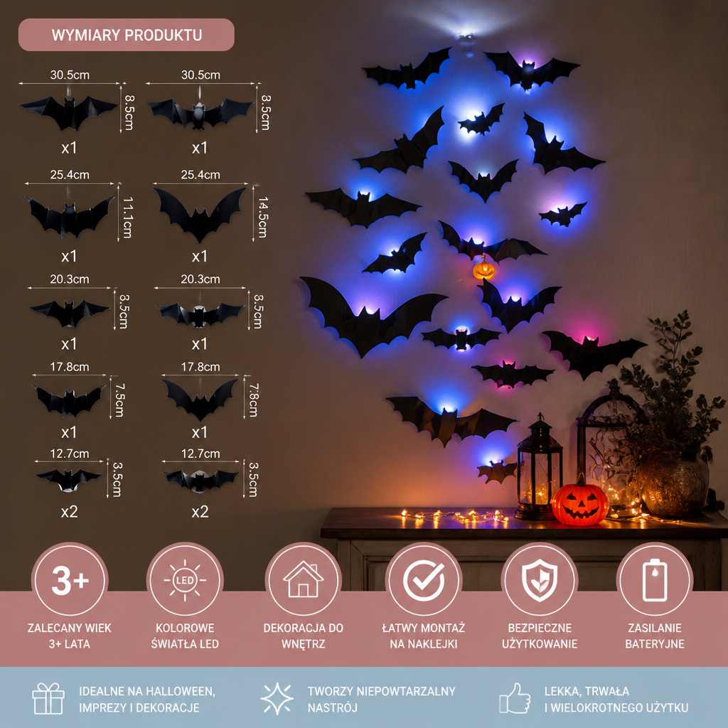 3D-LED-Dekoracja Ścienna w Kształcie Nietoperzy Halloween ze Światłami Zmieniającymi Kolory