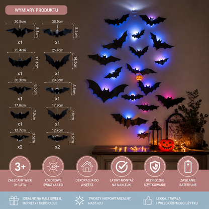3D-LED-Dekoracja Ścienna w Kształcie Nietoperzy Halloween ze Światłami Zmieniającymi Kolory