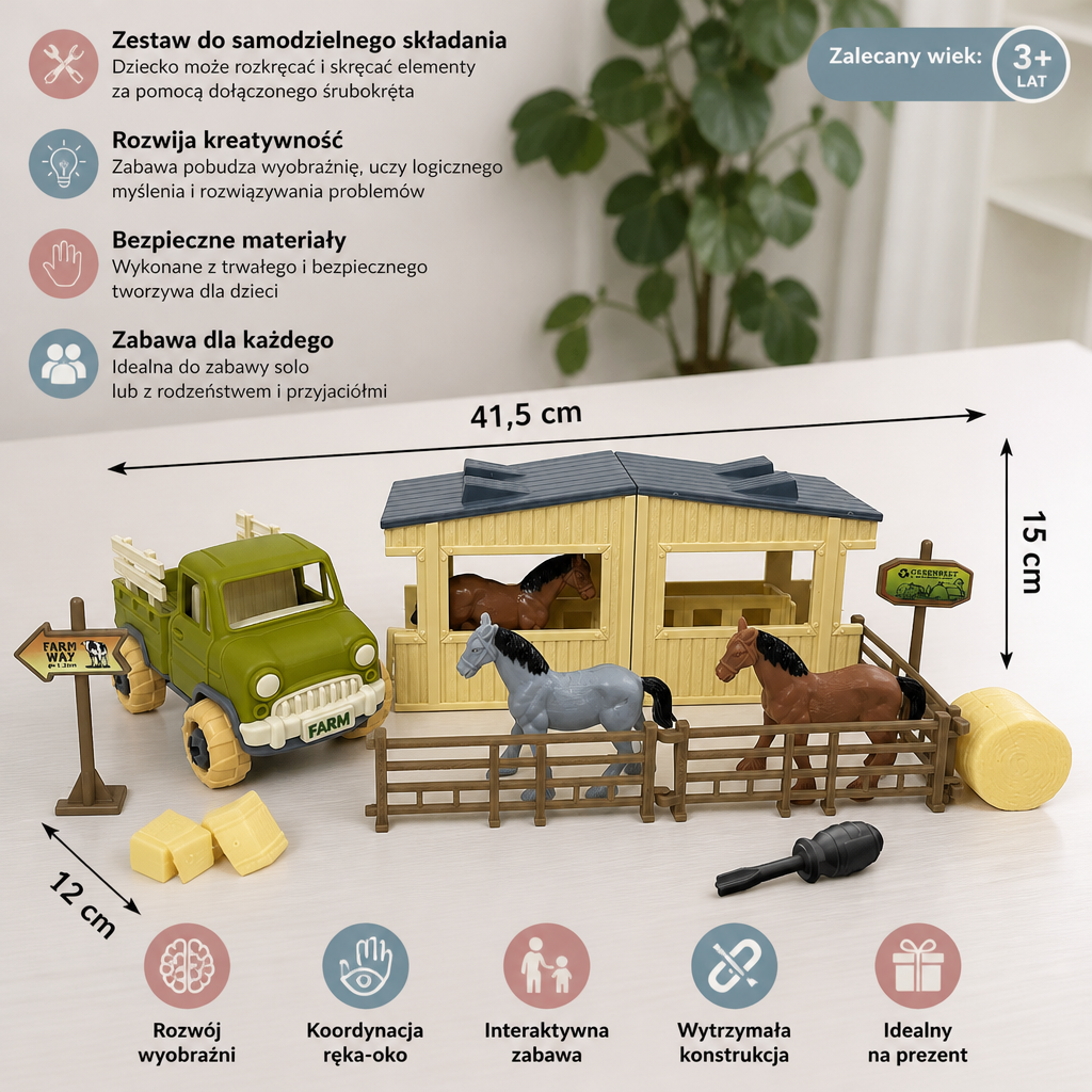 Zestaw DIY dla Dzieci – Rozkręcana Ciężarówka Rolnicza i Stajnia dla Koni