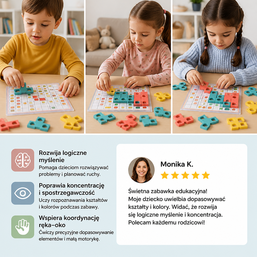 Drewniana układanka Montessori do dopasowywania kształtów – gra rozwijająca rozpoznawanie kolorów i logiczne myślenie