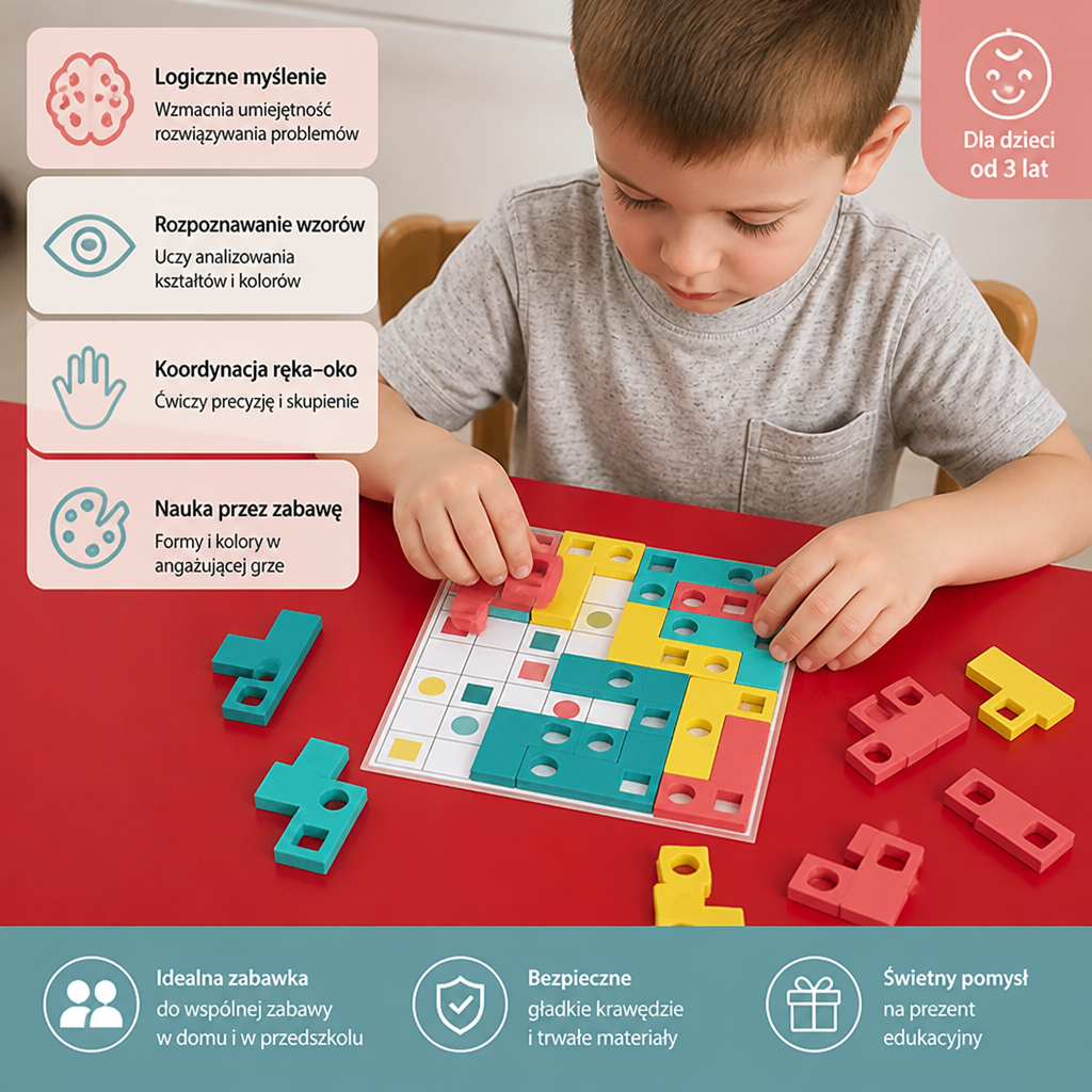 Drewniana układanka Montessori do dopasowywania kształtów – gra rozwijająca rozpoznawanie kolorów i logiczne myślenie