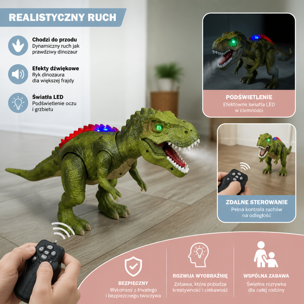 Zdalnie sterowany chodzący T-Rex – Dinozaur RC z mgiełką, światłem i dźwiękiem