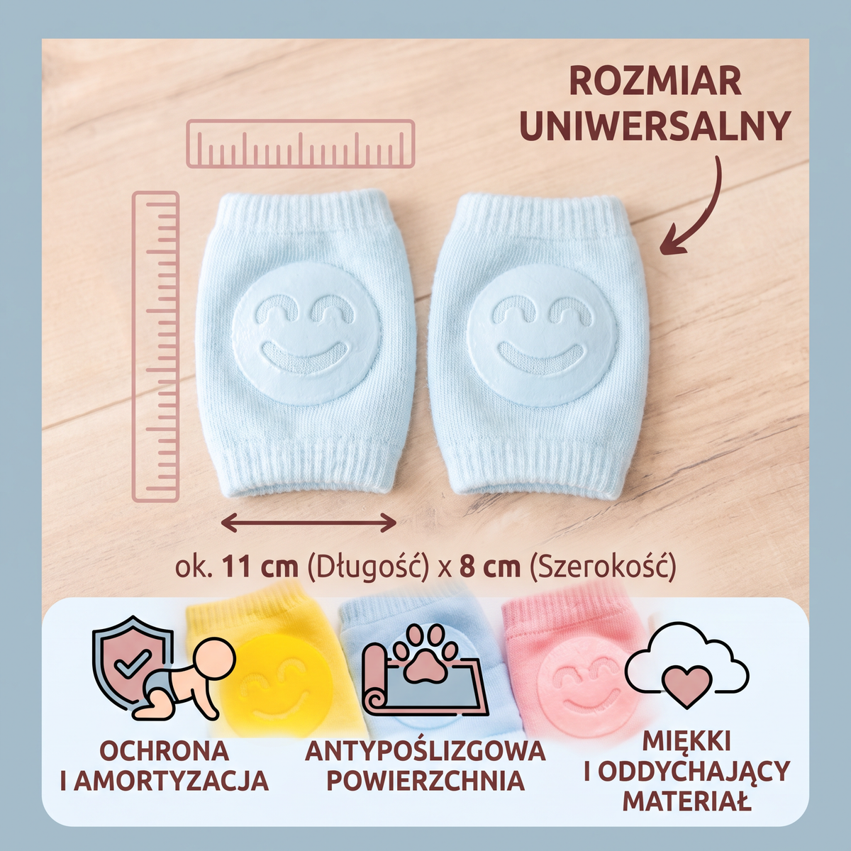 Nakolanniki do raczkowania dla niemowląt – antypoślizgowa ochrona z motywem uśmiechniętej buźki