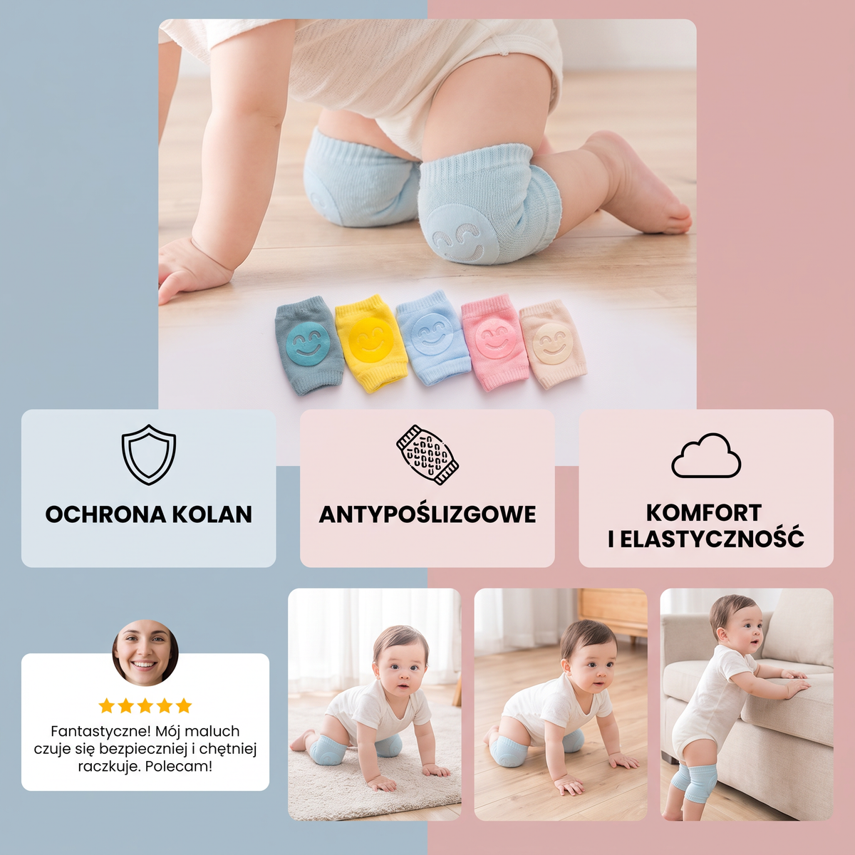 Nakolanniki do raczkowania dla niemowląt – antypoślizgowa ochrona z motywem uśmiechniętej buźki