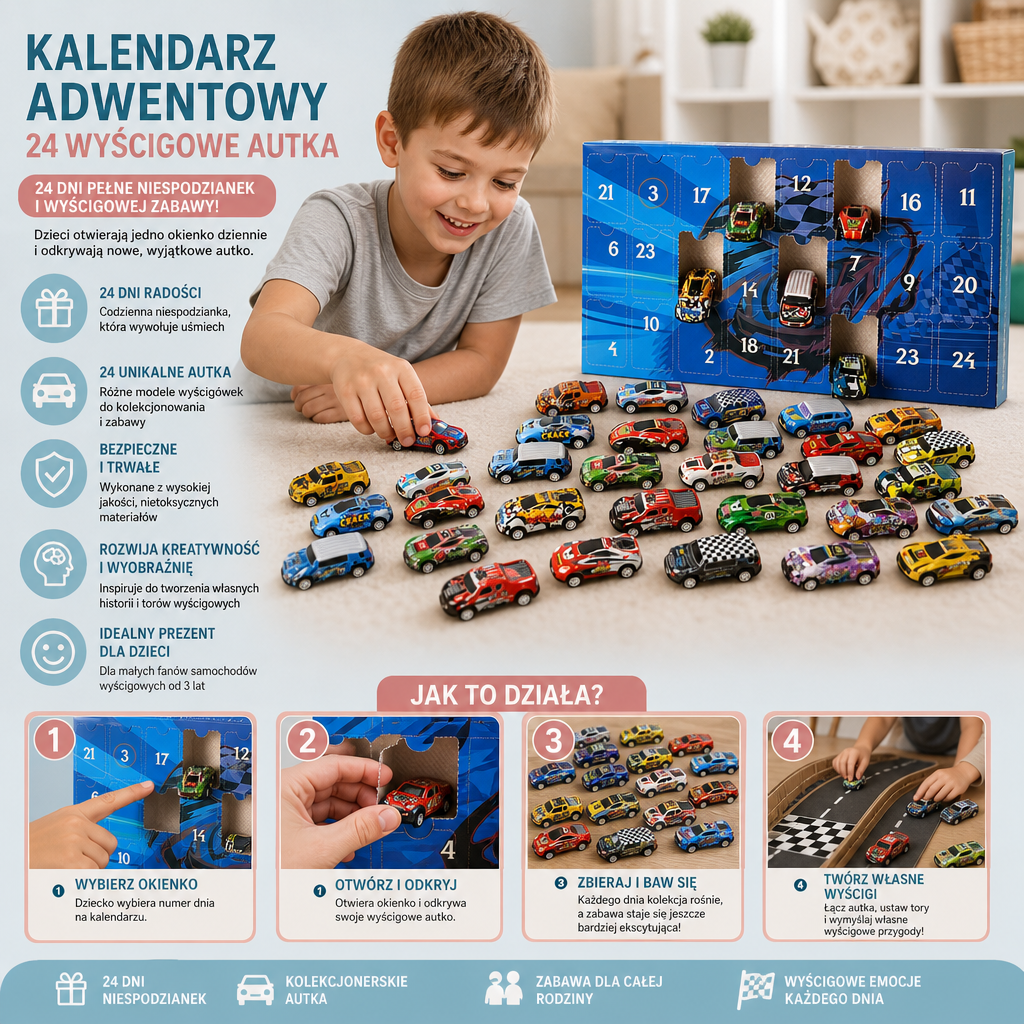 24-dniowy kalendarz adwentowy z samochodzikami wyścigowymi i niespodziankami