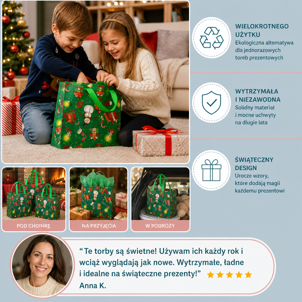 Wielorazowe świąteczne torby prezentowe z uchwytami – różne wzory