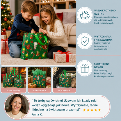 Wielorazowe świąteczne torby prezentowe z uchwytami – różne wzory