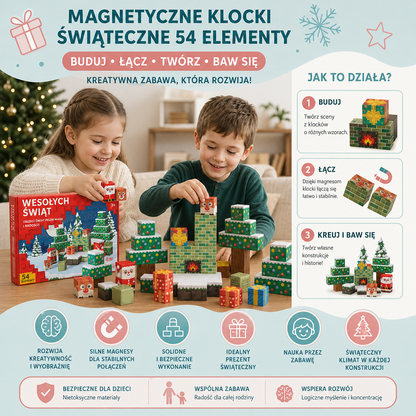 54-elementowy świąteczny zestaw magnetycznych klocków – konstrukcyjna zabawka STEM