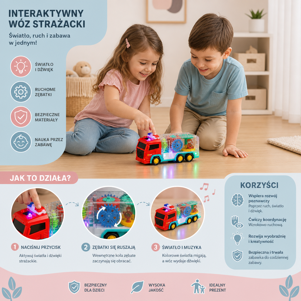 Interaktywna Zabawka Wóz Strażacki z Kolorowymi Ruchomymi Trybikami