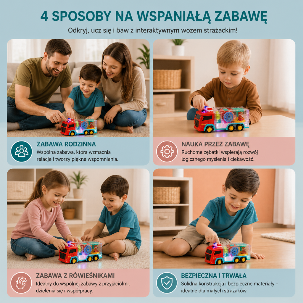 Interaktywna Zabawka Wóz Strażacki z Kolorowymi Ruchomymi Trybikami