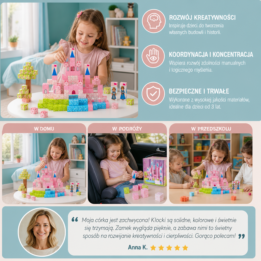 Zestaw Magnetycznych Klocków Konstrukcyjnych Montessori Zamek Marzeń Księżniczki