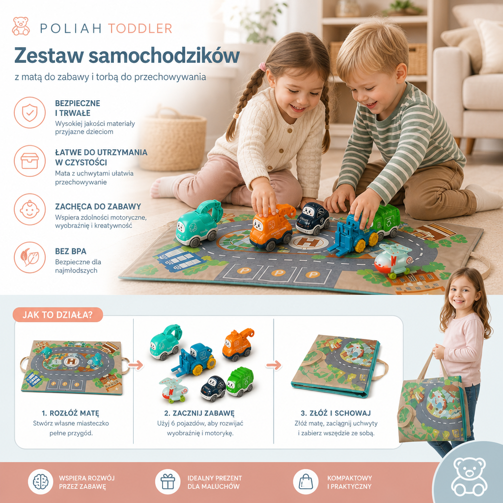 Zestaw samochodzików i ciężarówek dla małych dzieci z matą do zabawy pełniącą funkcję torby do przechowywania