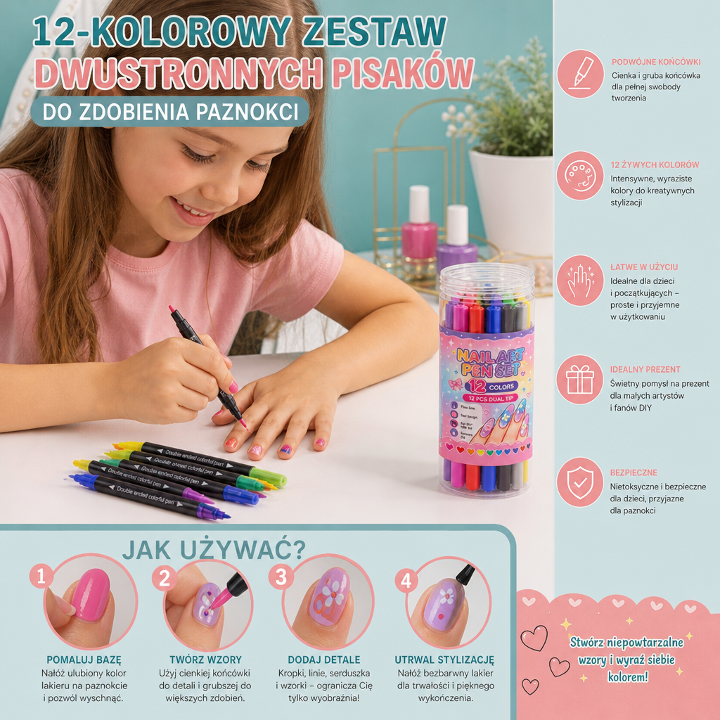 12-kolorowy zestaw dwustronnych pisaków do zdobienia paznokci – precyzyjne detale i kreatywne wzory