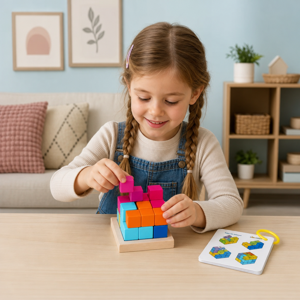 Drewniane klocki puzzle 3D Montessori – Kolorowa geometria i łamigłówka STEM