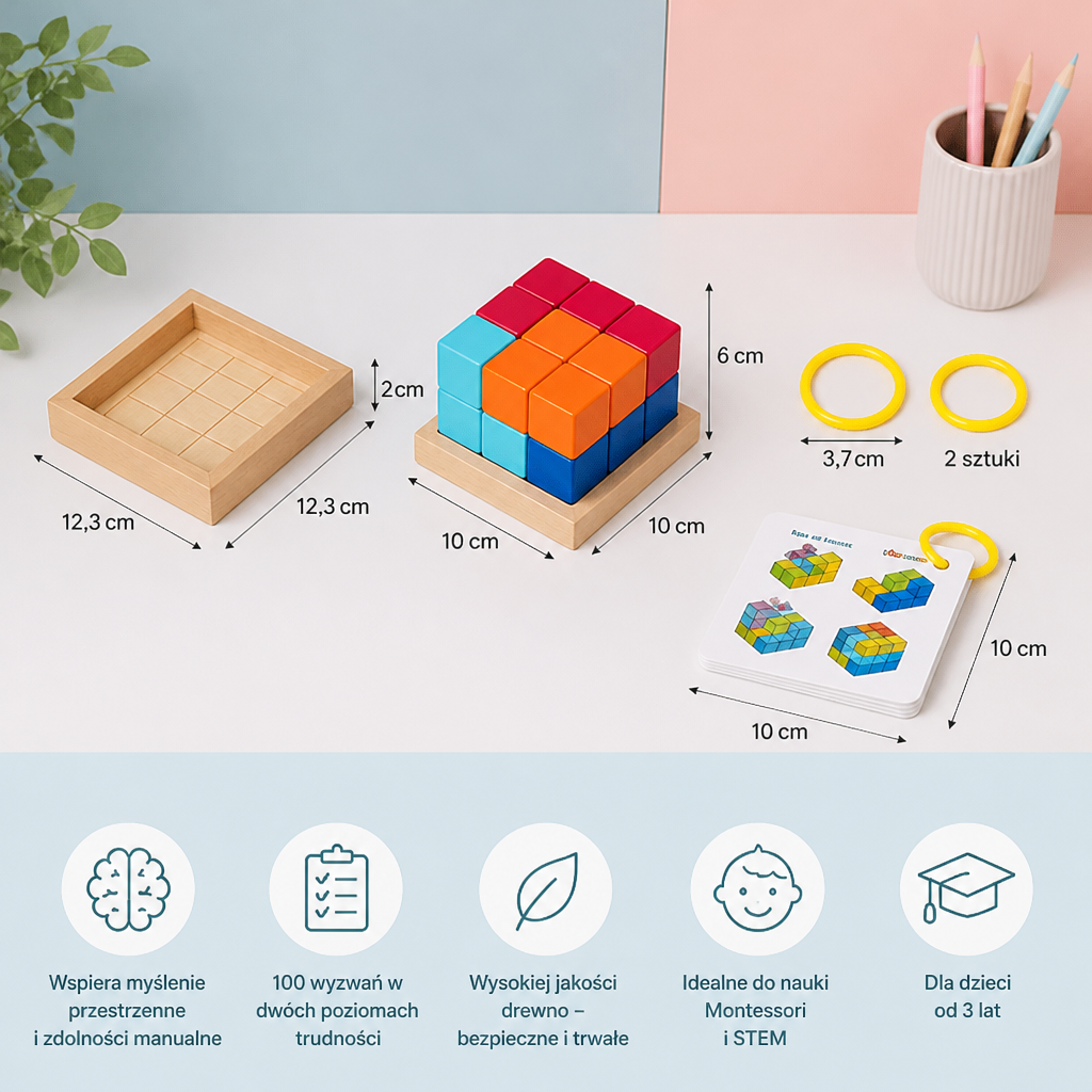 Drewniane klocki puzzle 3D Montessori – Kolorowa geometria i łamigłówka STEM