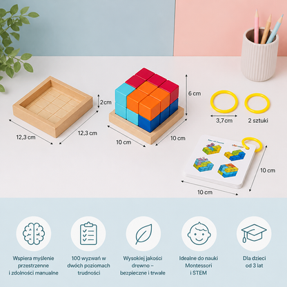 Drewniane klocki puzzle 3D Montessori – Kolorowa geometria i łamigłówka STEM