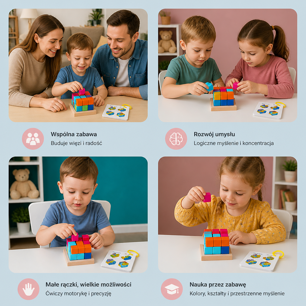 Drewniane klocki puzzle 3D Montessori – Kolorowa geometria i łamigłówka STEM