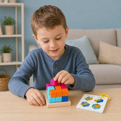 Drewniane klocki puzzle 3D Montessori – Kolorowa geometria i łamigłówka STEM