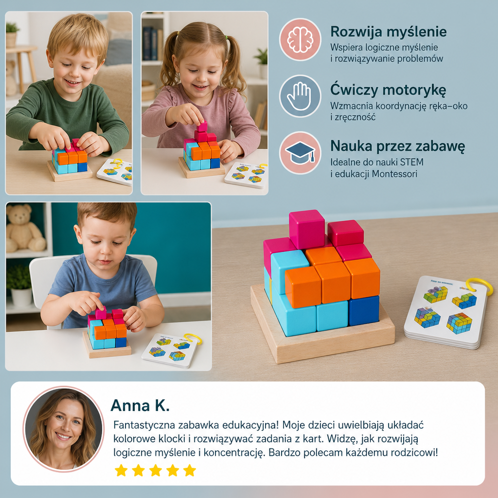 Drewniane klocki puzzle 3D Montessori – Kolorowa geometria i łamigłówka STEM