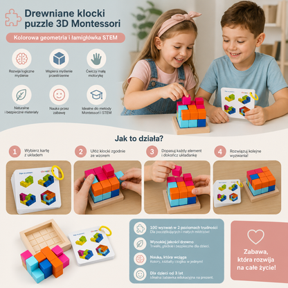 Drewniane klocki puzzle 3D Montessori – Kolorowa geometria i łamigłówka STEM