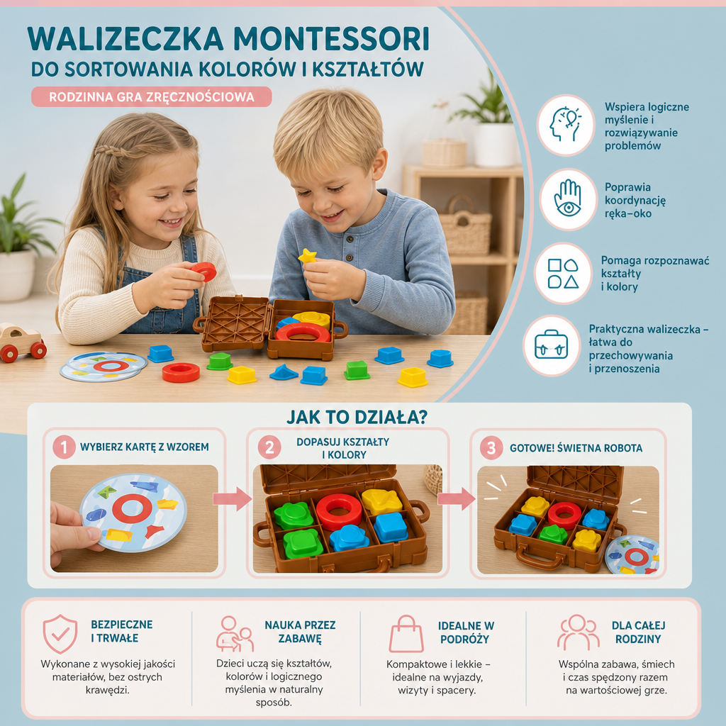 Walizeczka Montessori do sortowania kolorów i kształtów – Rodzinna gra zręcznościowa