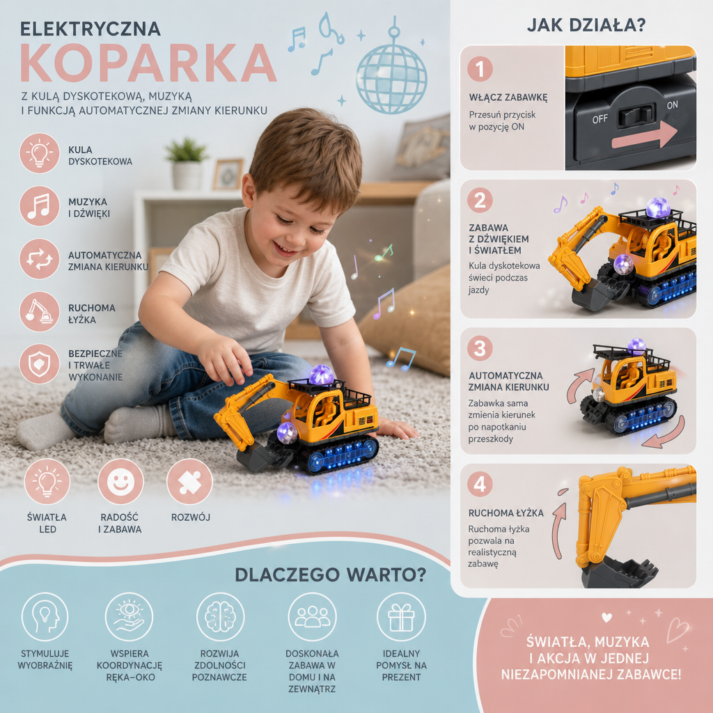 Elektryczna Koparka Zabawka Z Kulą Dyskotekową, Muzyką I Funkcją Automatycznej Zmiany Kierunku