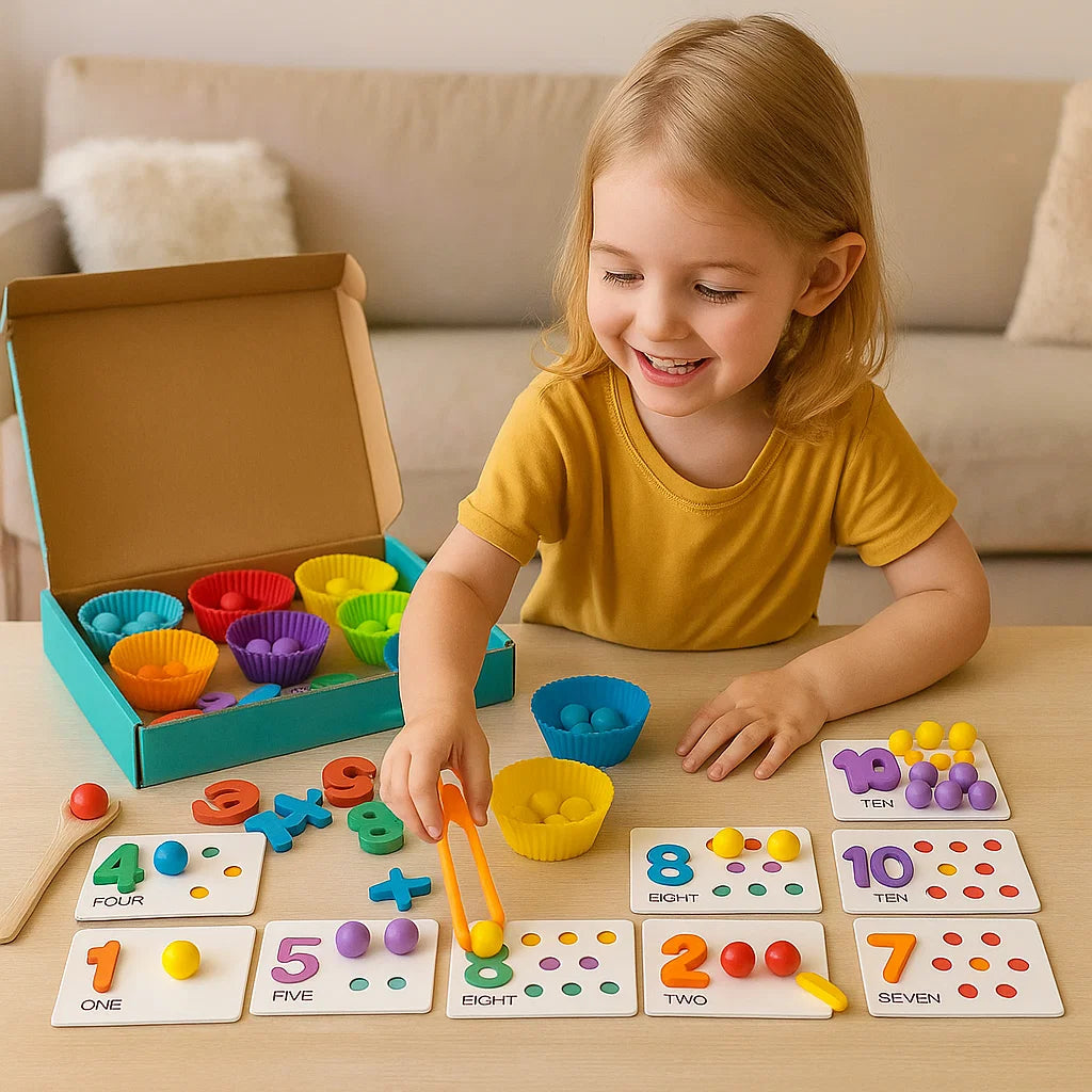 Puzzle matematyczne Montessori dla dzieci ⎜ Edukacyjna gra w dopasowywanie koralików do rozpoznawania liczb i umiejętności liczenia.
