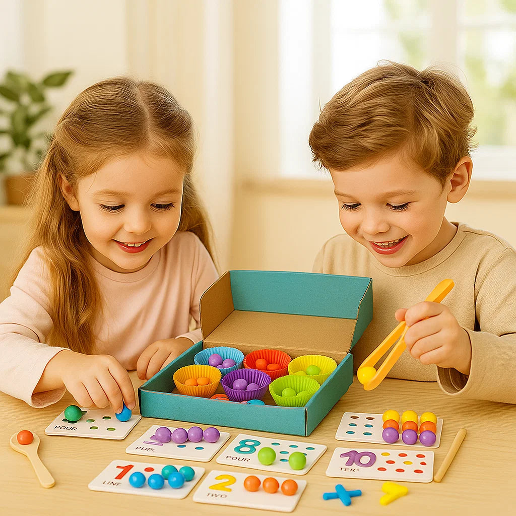Puzzle matematyczne Montessori dla dzieci ⎜ Edukacyjna gra w dopasowywanie koralików do rozpoznawania liczb i umiejętności liczenia.