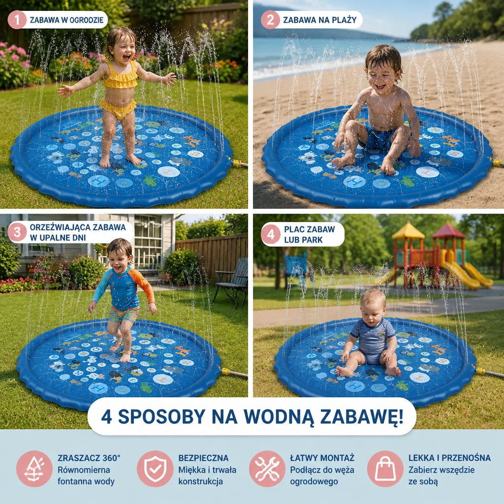 Inflatowalna Mata Wodna dla Dzieci z Zraszaczem – Zewnętrzna Mata do Zabawy Wodnej do Ogrodu i na Plażę