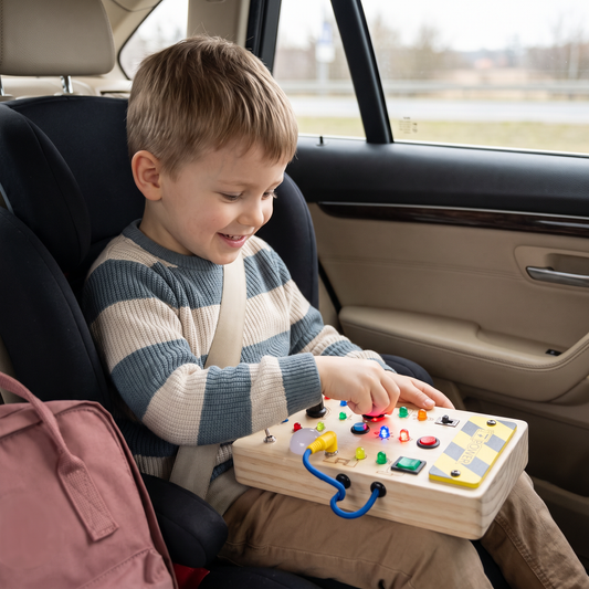 Montessori tablica sensoryczna z drewna z światłem i przełącznikami – zabawka rozwijająca motorykę dla dzieci