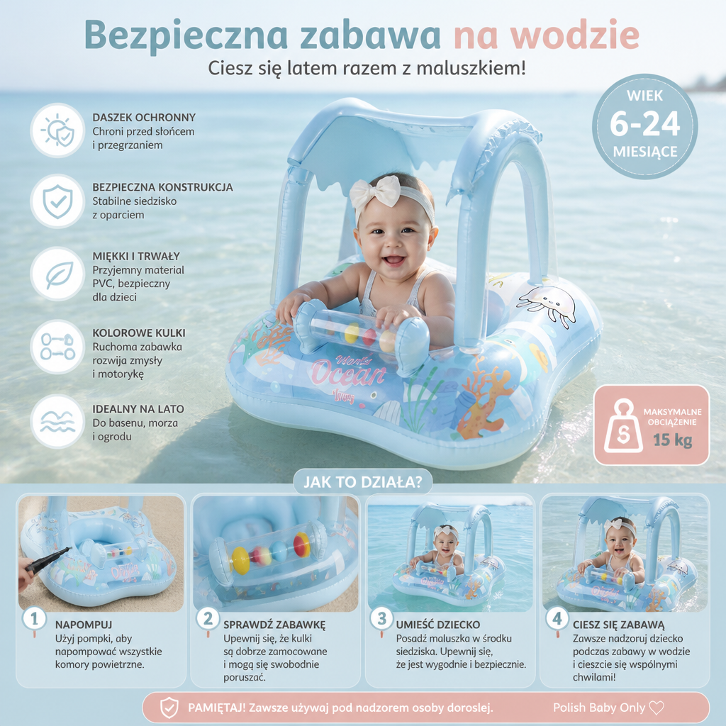 Inflatowalny Basen Niemowlęcy z Daszkiem i Wzorem Oceanu