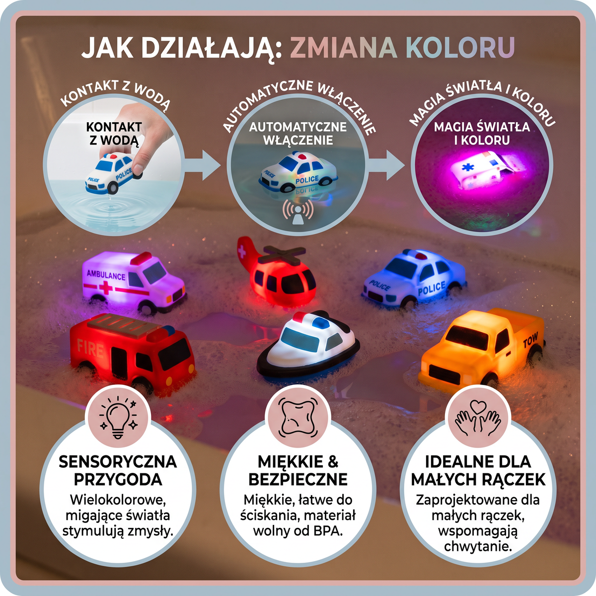 Zestaw 6 Zmieniających Kolor Zabawek do Kąpieli w Kształcie Pojazdów Ratunkowych dla Niemowląt i Małych Dzieci