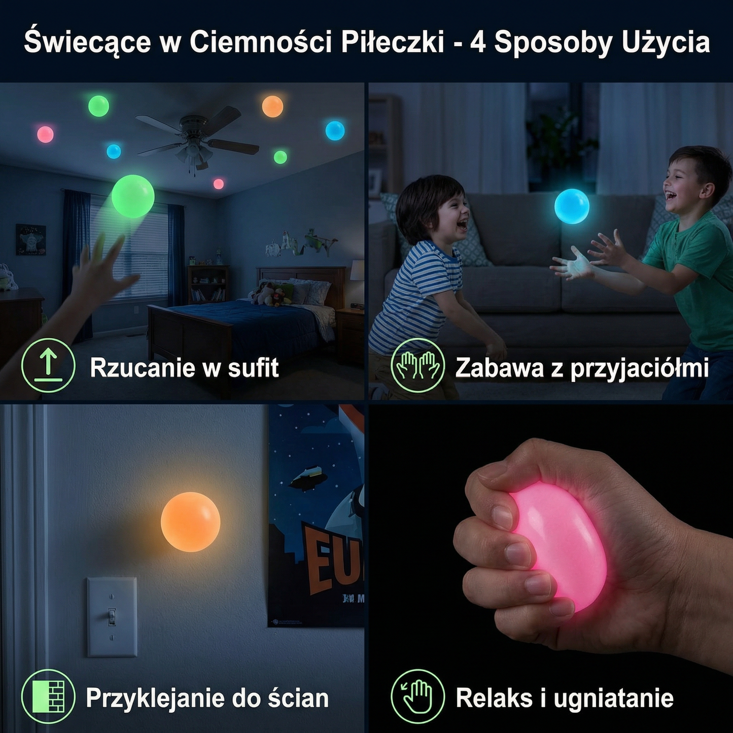 Świecące w Ciemności Sticky Balle – Zabawka do Rzucania i Przyklejania na Sufit dla Dzieci i Dorosłych