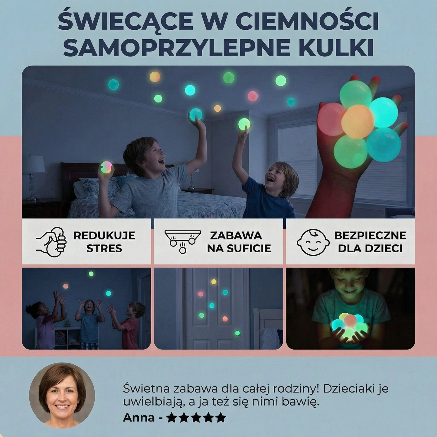 Świecące w Ciemności Sticky Balle – Zabawka do Rzucania i Przyklejania na Sufit dla Dzieci i Dorosłych