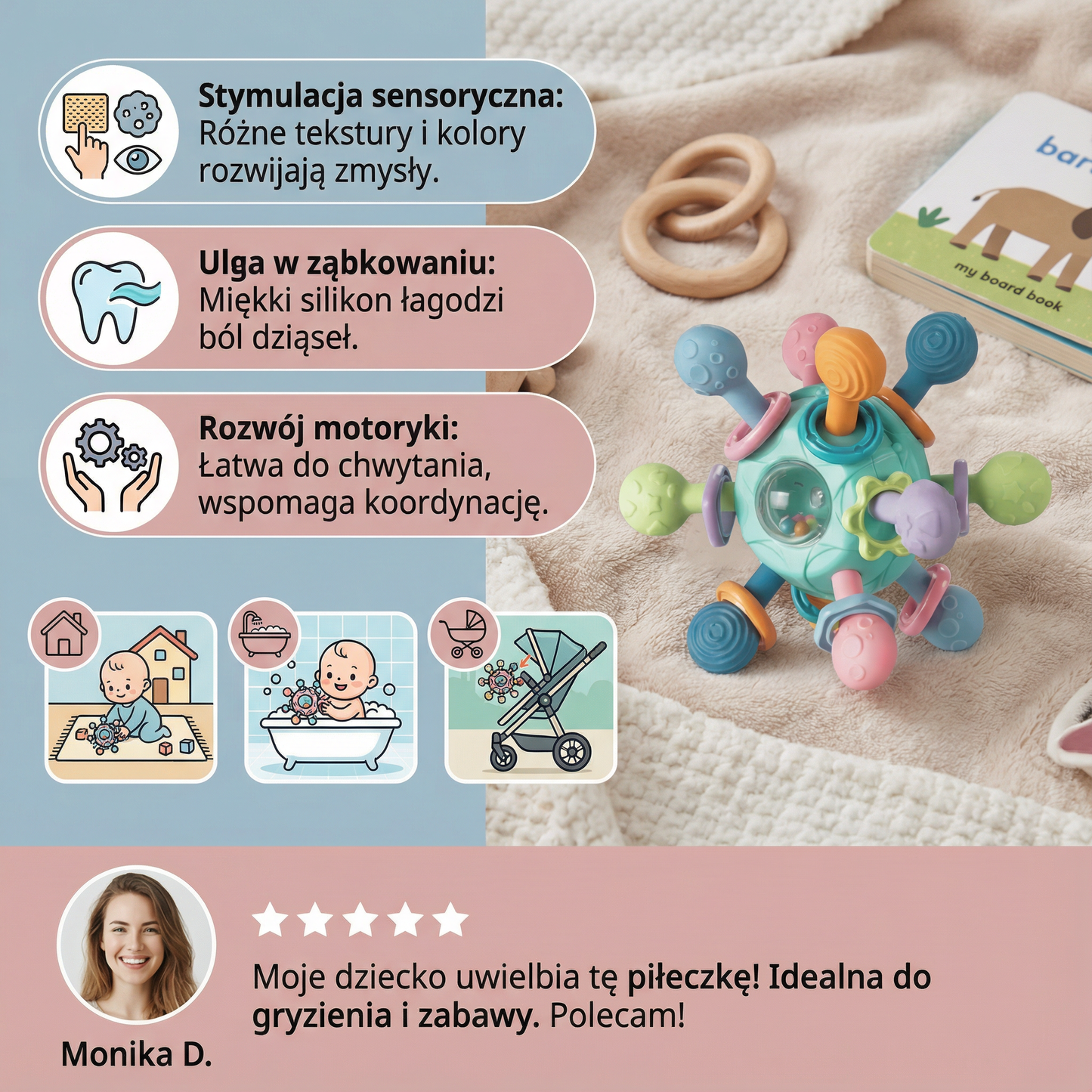 Sensoryczna piłeczka sensoryczna dla niemowląt z silikonowym gryzakiem i grzechotką