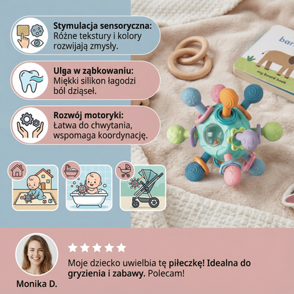 Sensoryczna piłeczka sensoryczna dla niemowląt z silikonowym gryzakiem i grzechotką